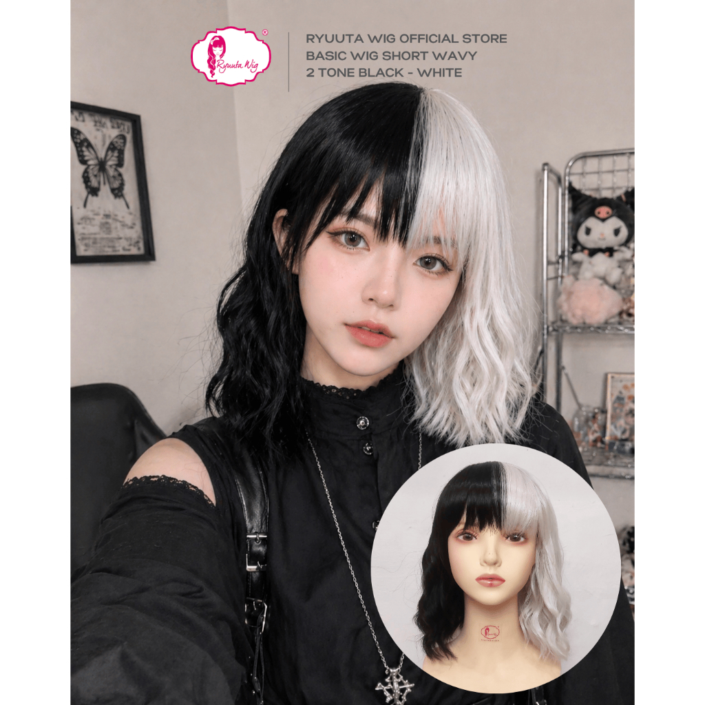 Ryuuta Wig Basic Cap Bob Gelombang Cruella 2 Tone Black White