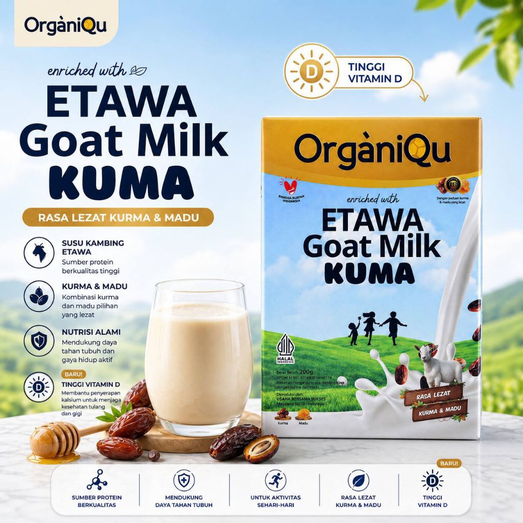 Susu Kambing Etawa Kurma Madu OrganiQu Bubuk Menambah Nafsu Makan untuk Anak Aktif 200gr