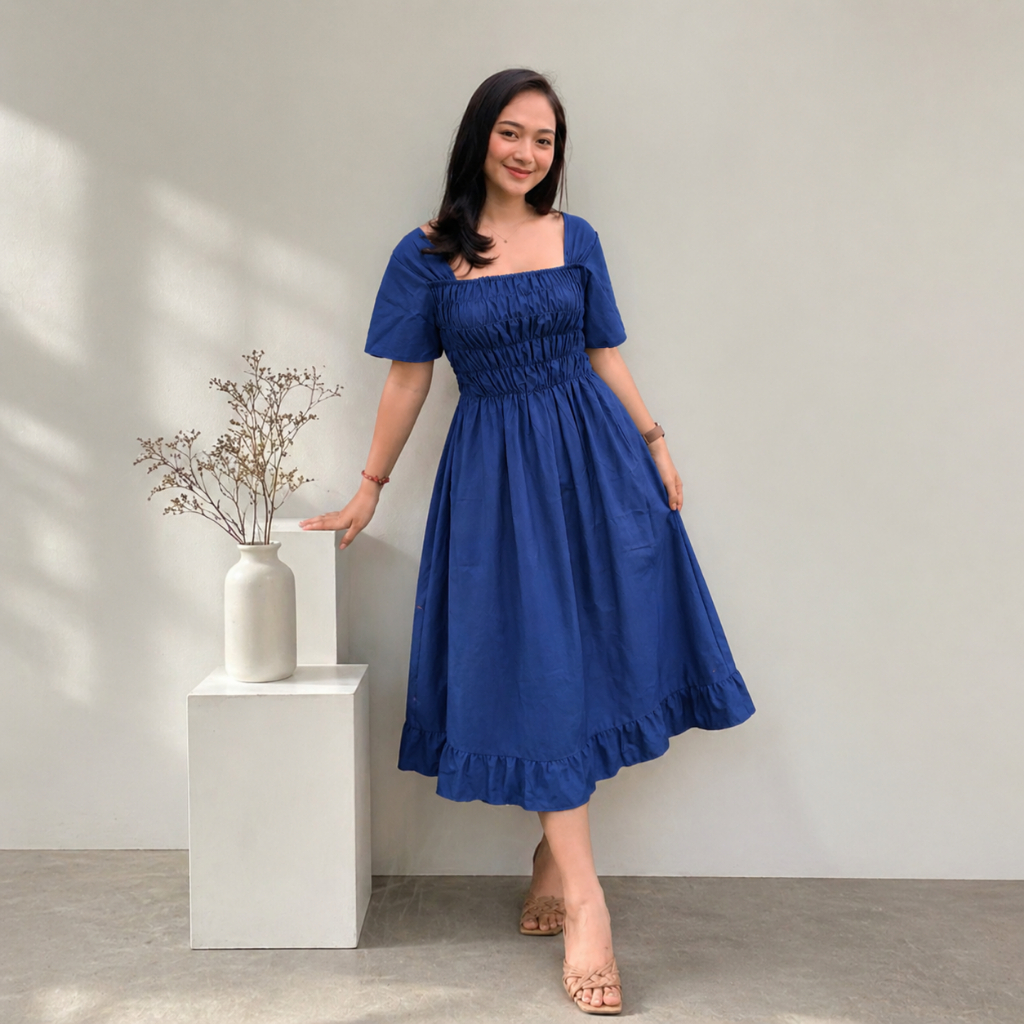 Daster Lengan Pendek Dress Bali Polos Pinggang Kerut Karet Serut Dada Wanita Cewek Jumbo Terbaru