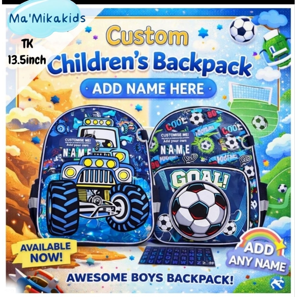 Tas Ransel Anak TK Premium Custom Nama Anak Laki Laki Soccer dan Truck Jeep