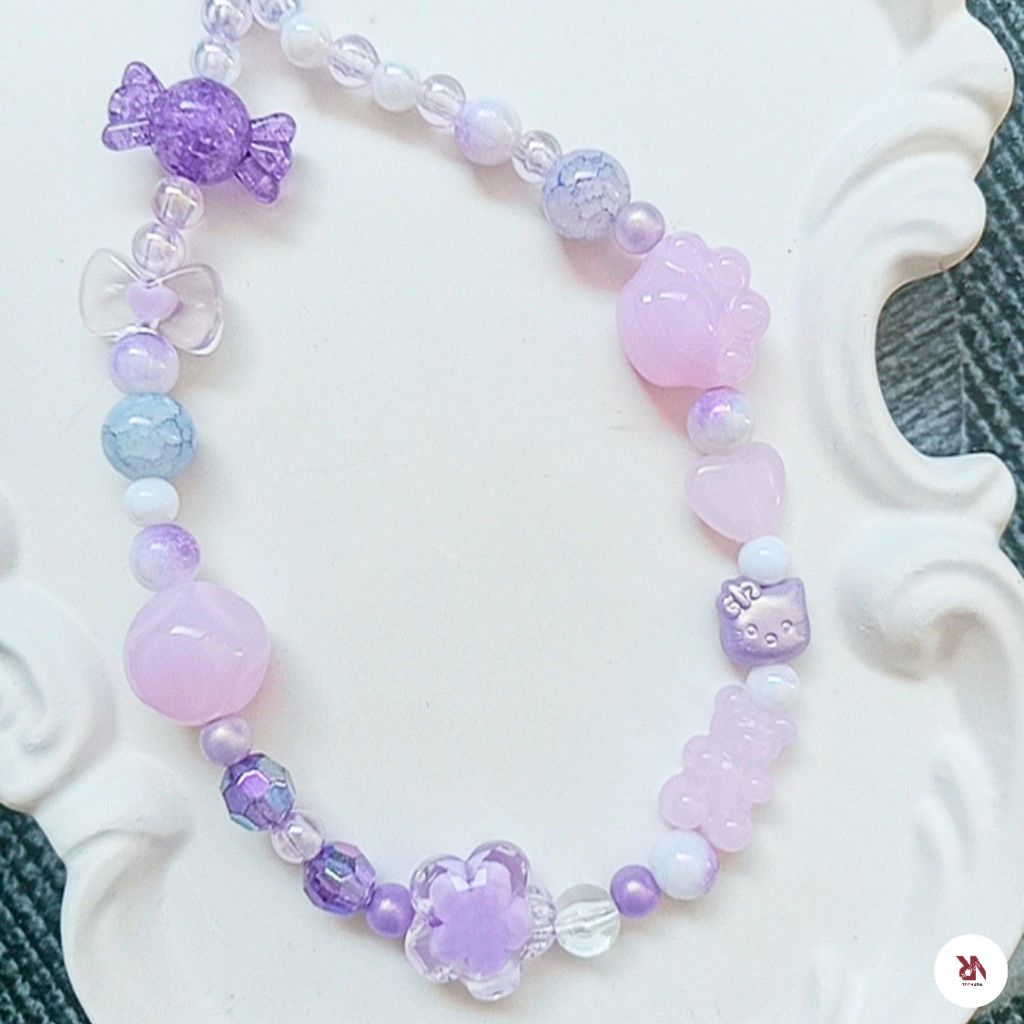 [Trenada] PS7 Purple Beads Series - Keychain Manis for Girls/Aksesoris Manik Ungu Putih/Hiasan Lucu 