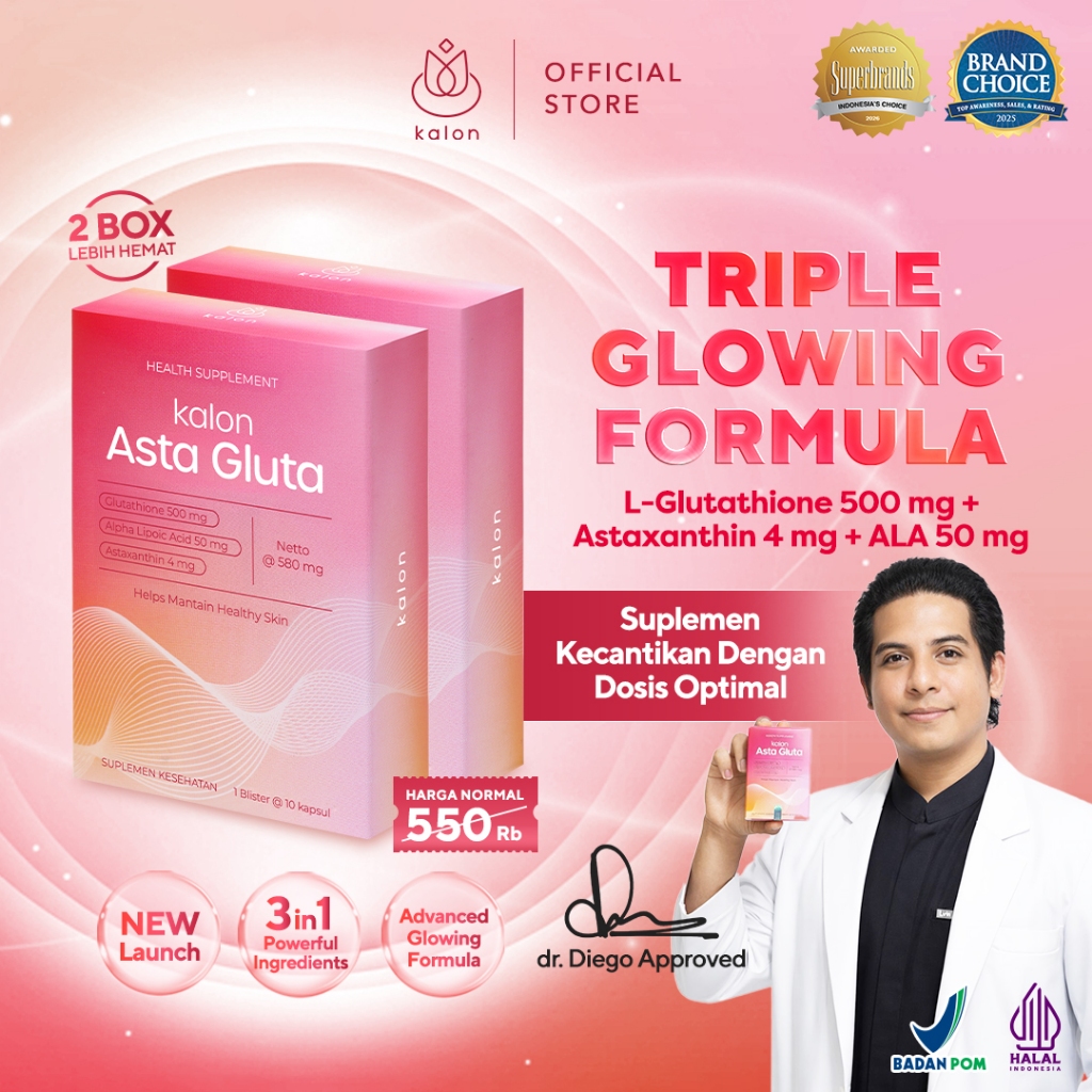 Kalon Asta Gluta | L-Glutathione 500mg + Astaxanthin 4mg + ALA 50mg | Suplemen Kulit Cerah Glowing &