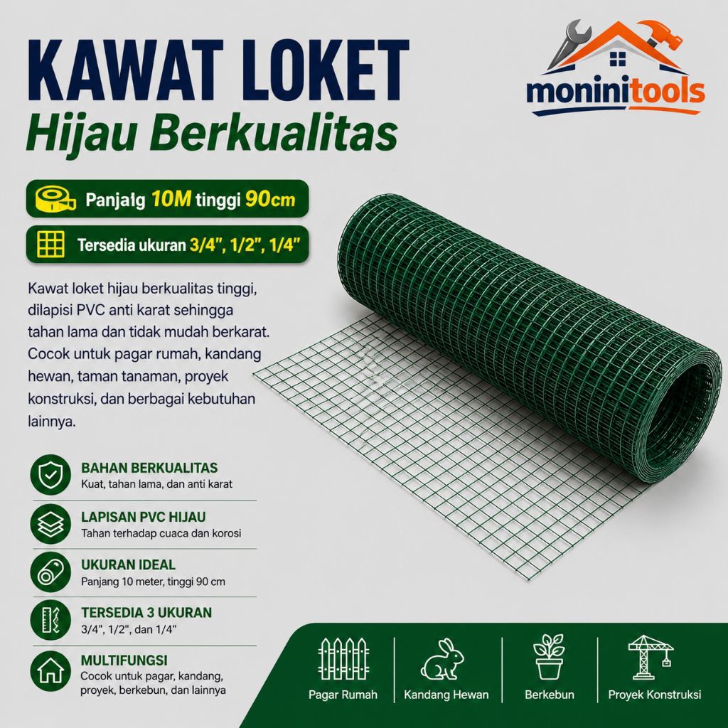 Kawat Loket Hijau PVC 3/4inch, 1/2inch, dan 1/4inch Kawat Ayam per Roll 10meter tinggi 90cm