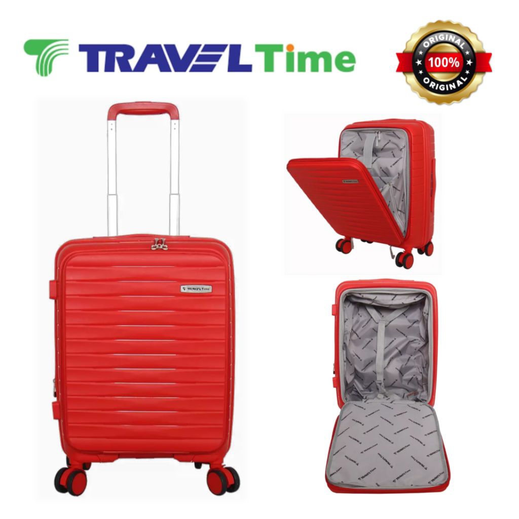 Koper Laptop TRAVEL TIME size Cabin 20" inch Hardcase Buka depan Double Wheels - Red
