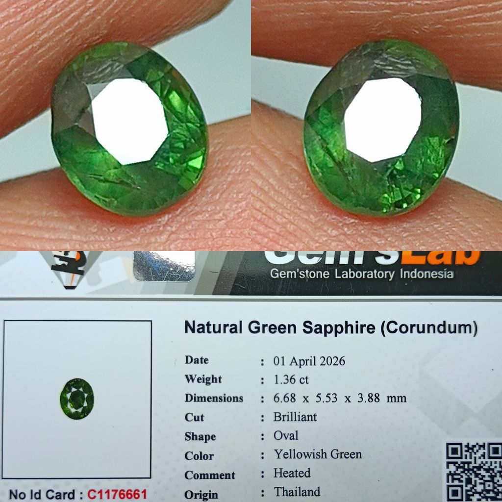 NATURAL GREEN SAPPHIRE THAILAND YELLOWISH GREEN 1.36 CARAT MEMO GLI LAB