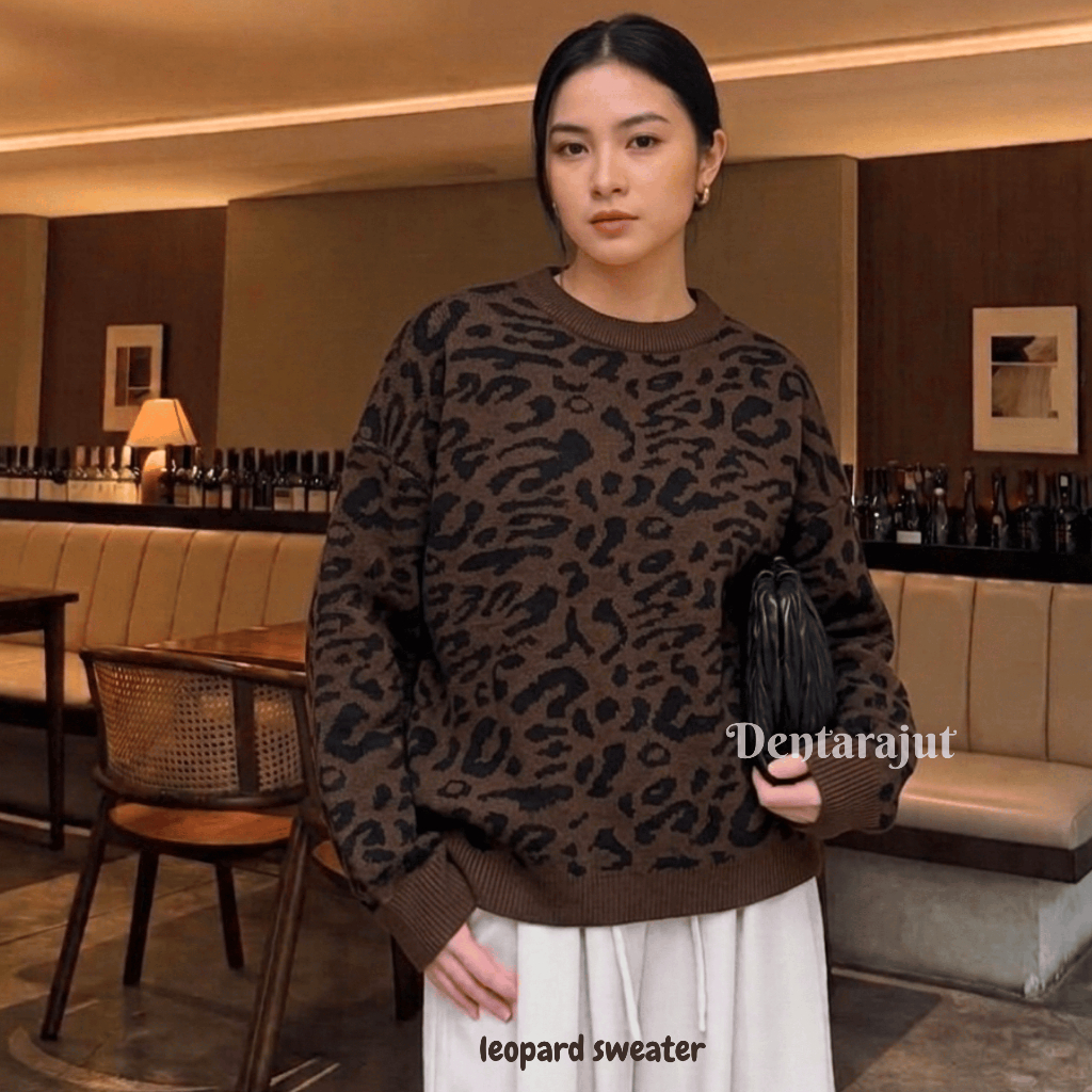 Leopard Sweater Atasan Blouse Rajut Wanita Premium Lembut