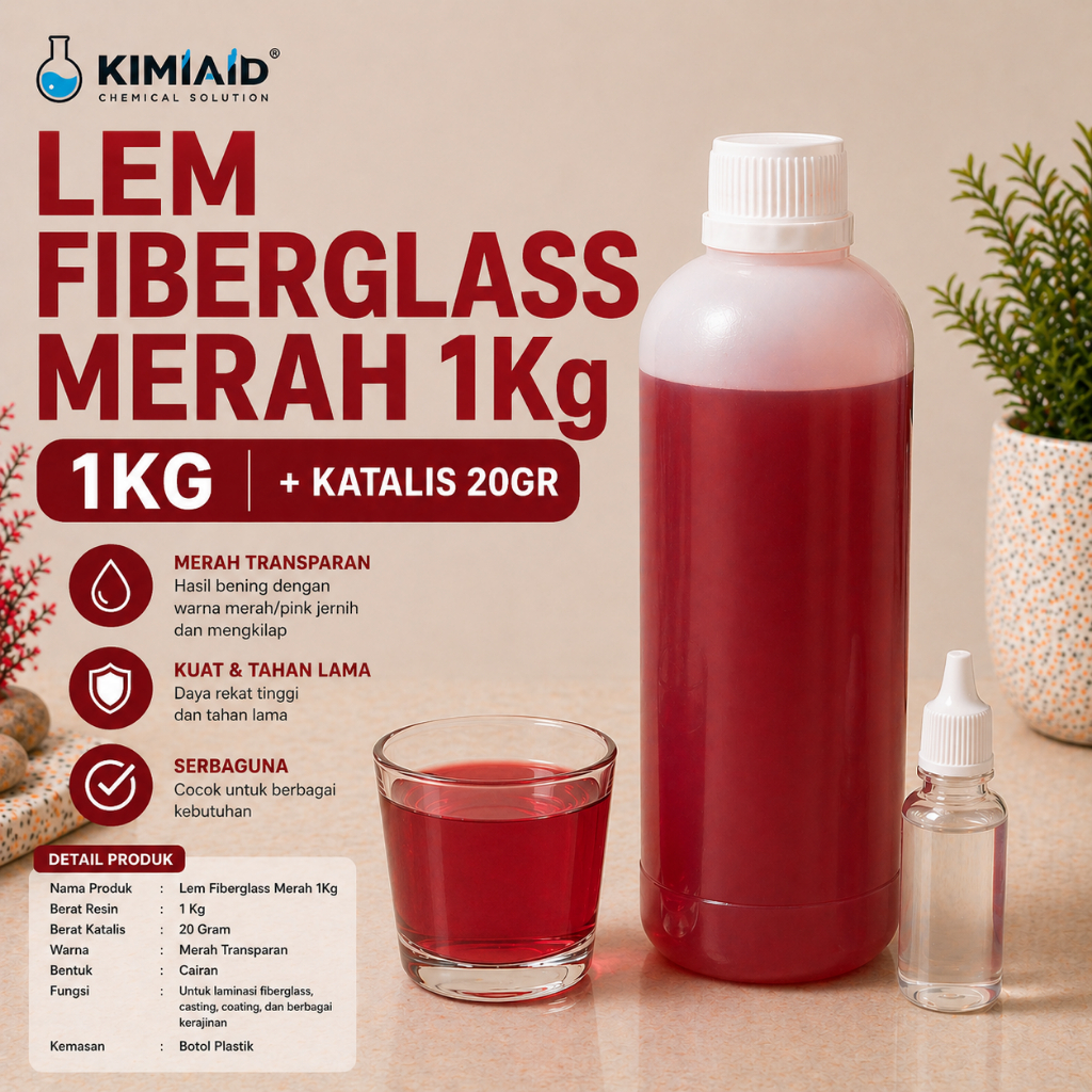 Lem Fiberglass Merah 1Kg + Katalis 20 Gr Baru Waterproofing Kerajinan Tangan Anti Bocor Transparan L
