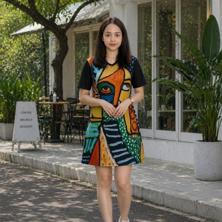 Dress Tunik Wanita Modis Motif Abstrak "The Warrior"  – Long Tunic Casual Lengan Pendek Dress Elegan