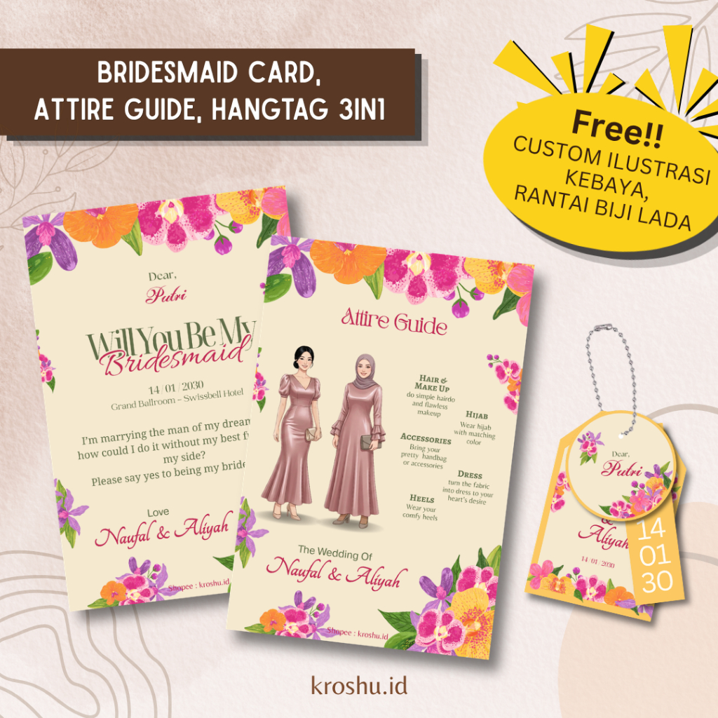 Bridesmaid Card, Attire Guide Card, Hangtag 3in1, Kartu Bridesmaid Pernikahan by Kroshu (Orchid Flow