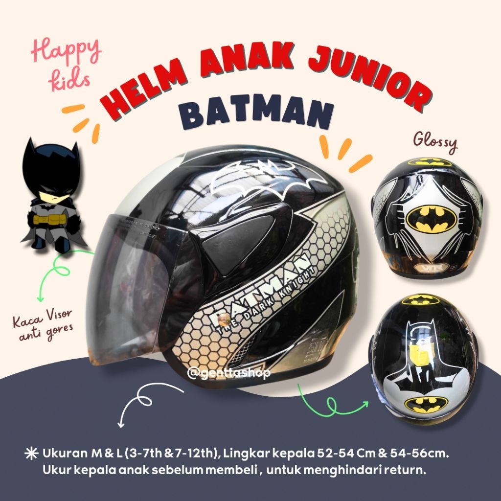 Helm Anak SNI Karakter Laki Laki BATMAN Hitam Glossy 3-12 Tahun.