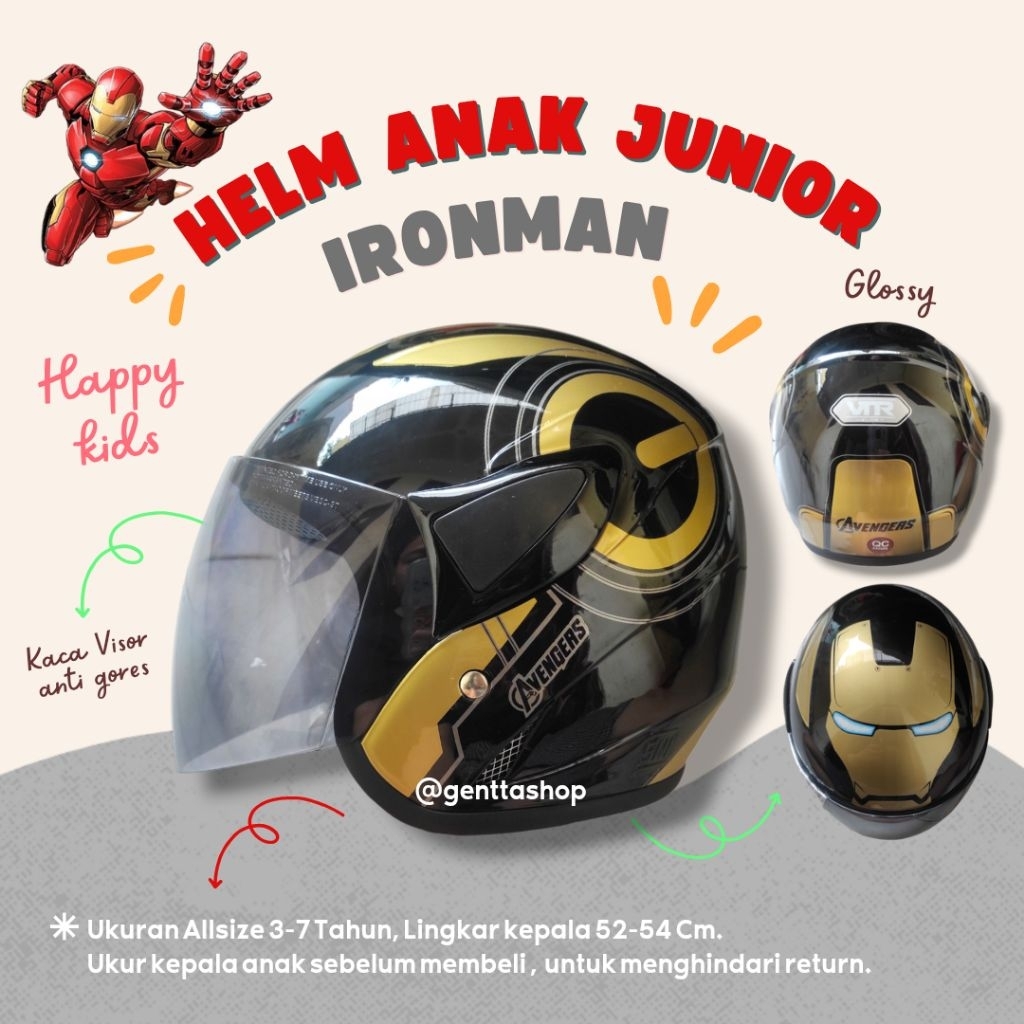 Helm Anak SNI Karakter Laki Laki IRONMAN Glossy 3-12 Tahun Junior Remaja kaca smoke anti gores.