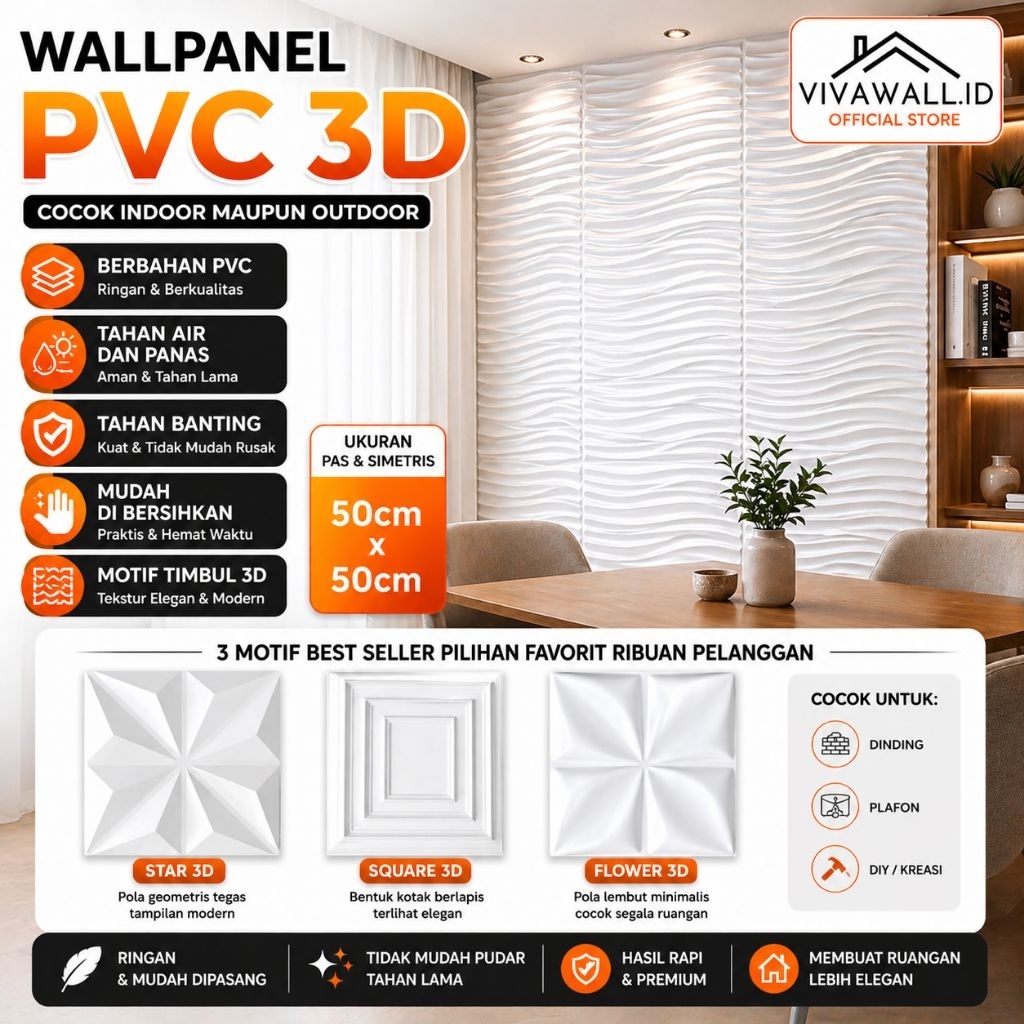 3D Wallpanel Dinding PVC 50x50 cm Solid Wallpaper Dinding Dekorasi Premium Wall Panel Estetik Klinik