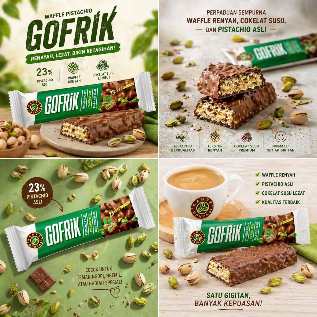 Snack Waffle Pistachio Cokelat Susu – Wafer Renyah Isi Pistachio Asli & Lumer | Snack Viral Turki