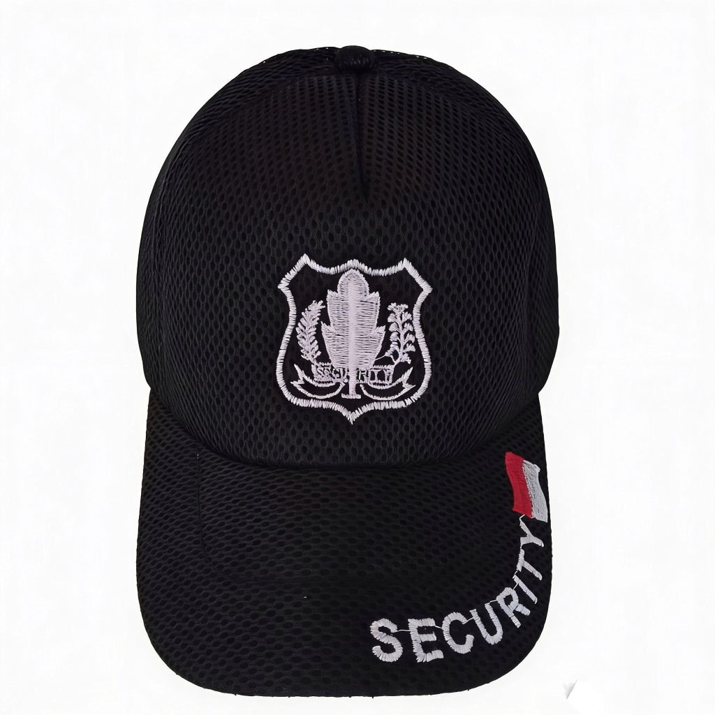 TOPI SATPAM SECURITY BORDIR JARING DOUBLE MESS HITAM LOGO PUTIH
