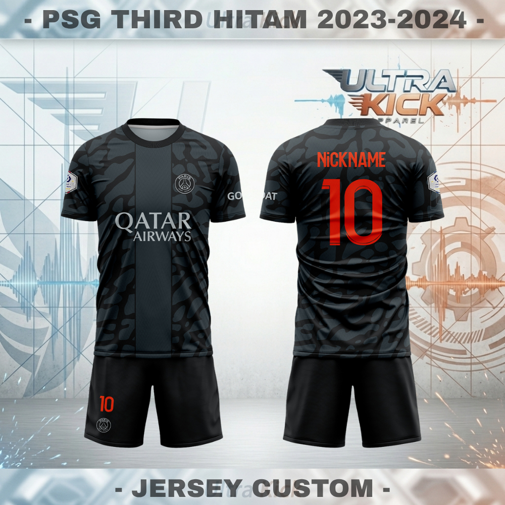 Jersey Sepak Bola PSG Third Hitam 2023-2024 Free Custom Nama, Nomor, Logo Full Printing Dryfit premi