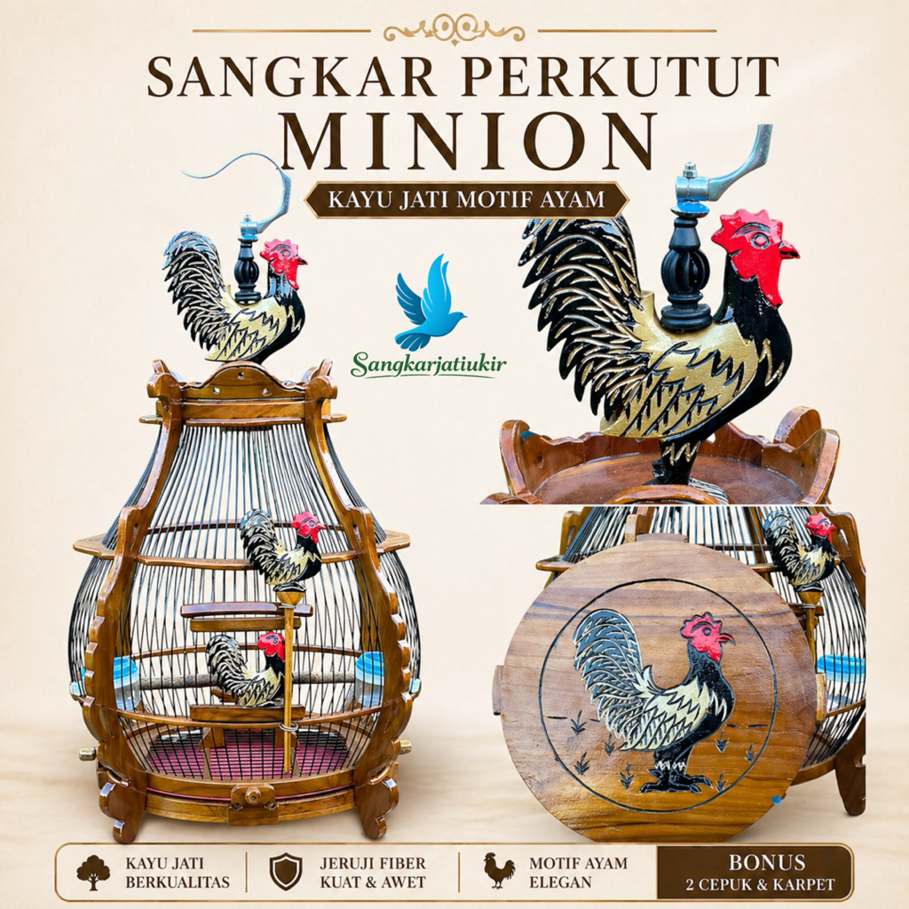 Sangkar Burung Perkutut Minion Kayu Jati Motif Ayam Jeruji Fiber Bonus 2 Cepuk & Karpet Terlaris