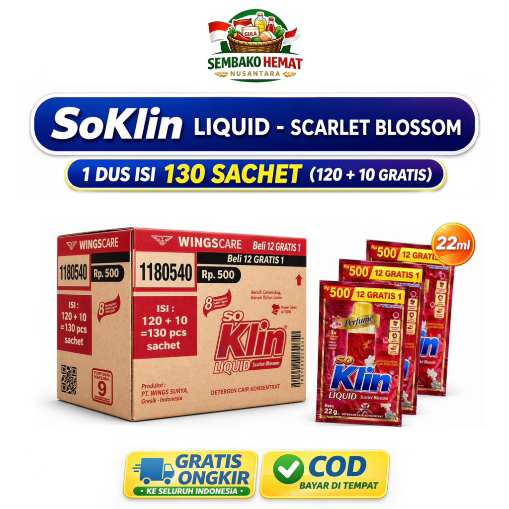 SoKlin Liquid Scarlet Blossom 22ml 1 Dus Isi 130 Pcs (120+10 Gratis) | Deterjen Cair Sachet Wangi Bu