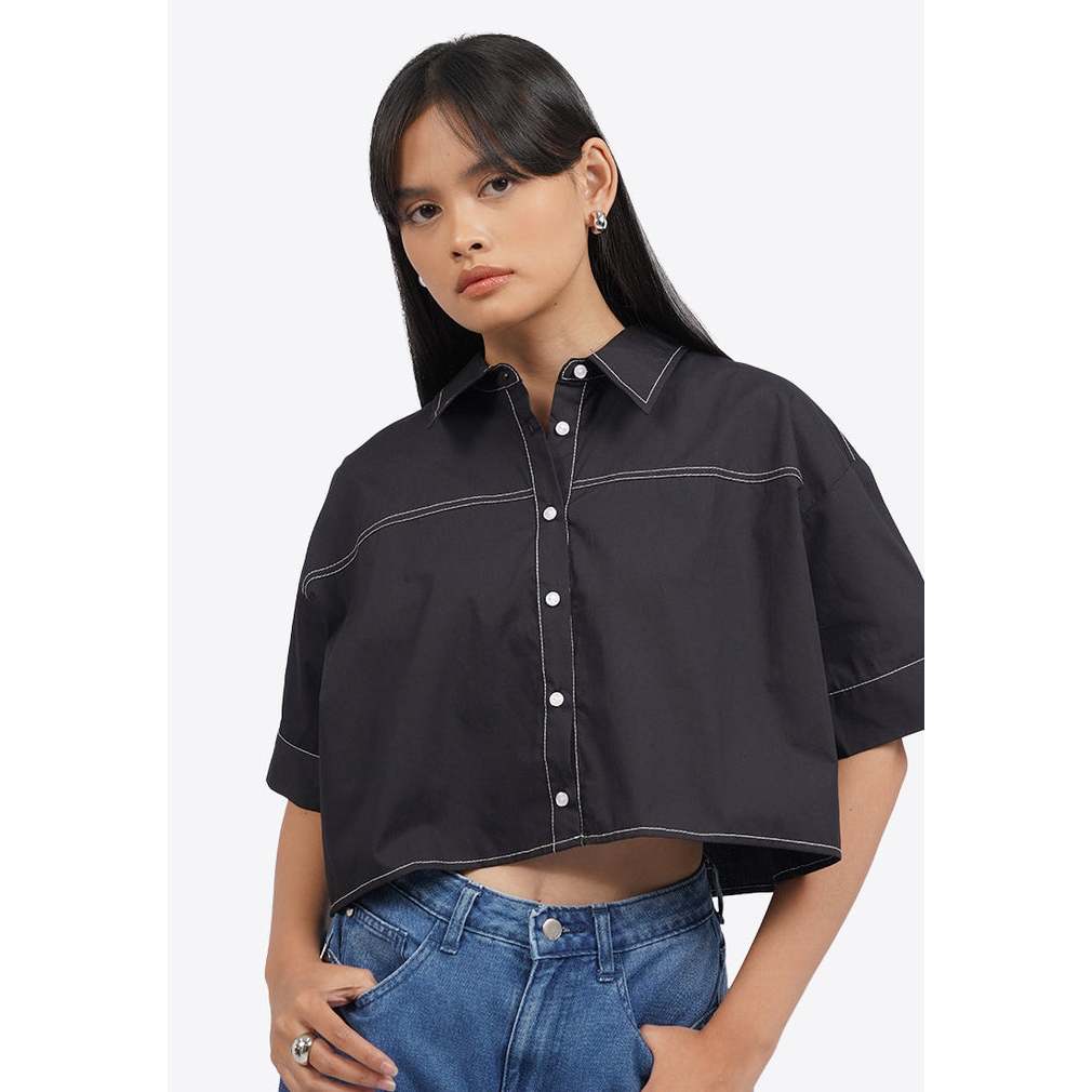 jacket denim jeans COLORBOX Contrast Stitch Short Sleeve Shirt Black