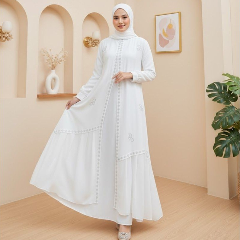 Gamis Wanita Elegan Mewah Payet Lebaran Kekinian Abaya Terbaru Model Turkie Putih Ceruty Premium