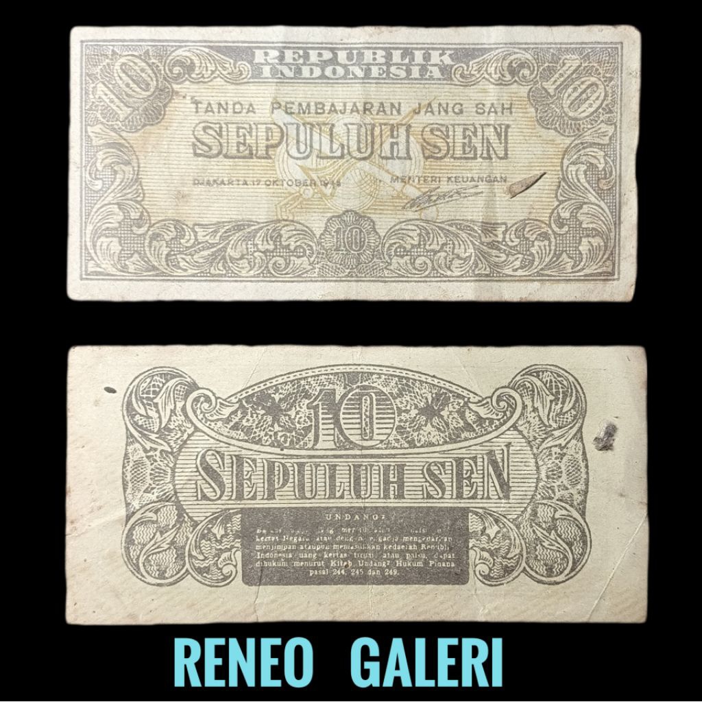 VF 10 Sen Seri ORI tahun 1945 uang kertas pertama Indonesia duit lama kuno 0,1 Rupiah asli original