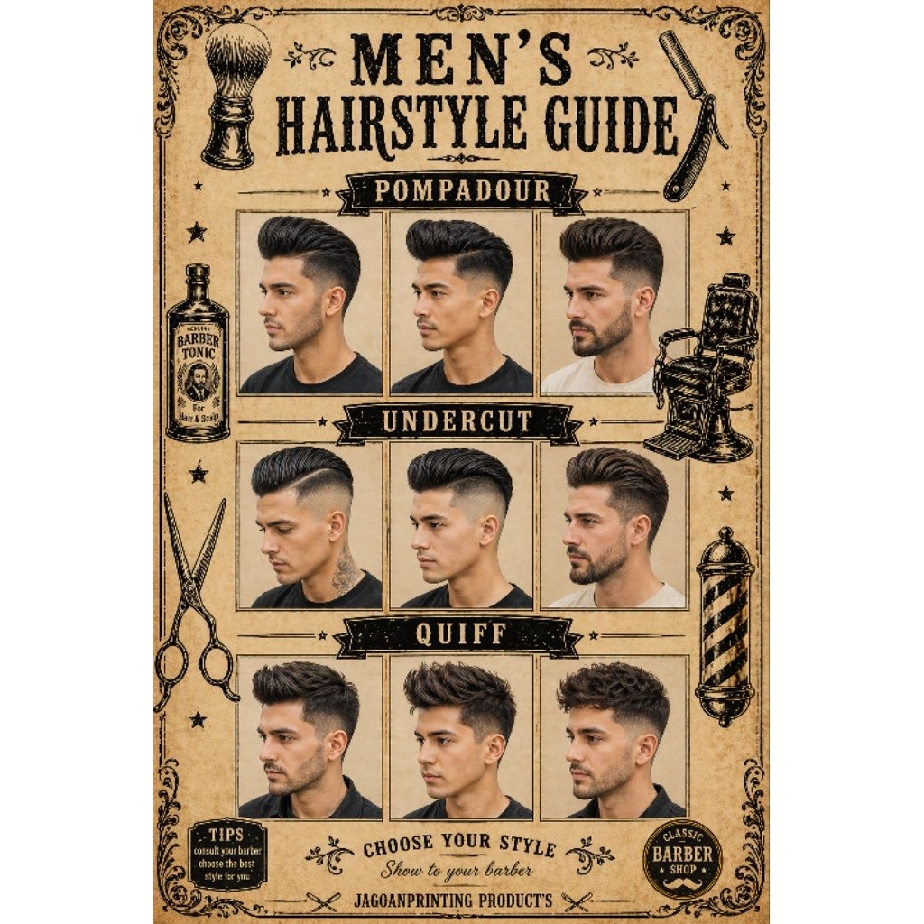 6 Lembar Poster Gaya Rambut Pria & anak anak Barbershop Pangkas Rambut