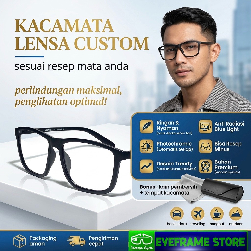 Kacamata Minus Pria Wanita Frame Square Besar Photocromic R133