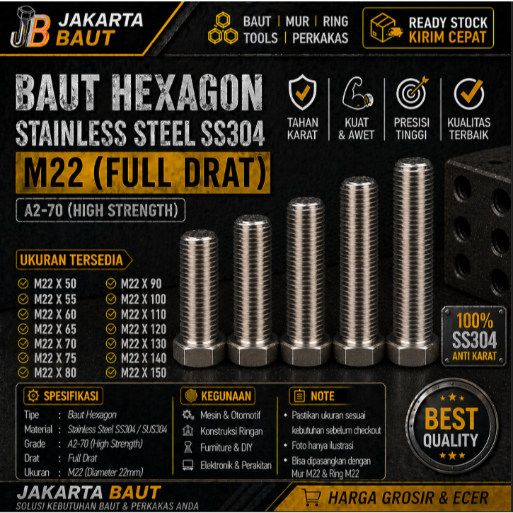 Baut Hex Stainless M22X120 - Baut Hexagon 22X120 / M22 X 120 / 22 X 120  SS304 / SUS304 / A2-70 Full