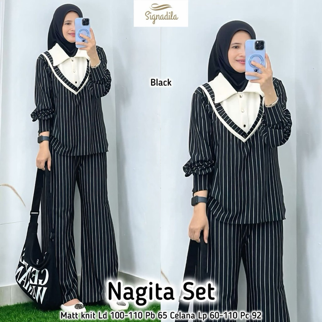 COD= NO CANCEL• Nagita Set by Signadila• Setelan Celana Knit Salur Best Seller