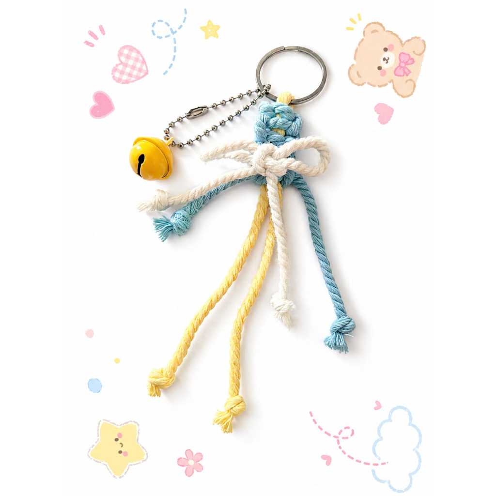 Gantungan Kunci Macrame Lucu Pastel | Keychain Tali Rajut Warna Kuning Biru Putih + Lonceng | Akseso