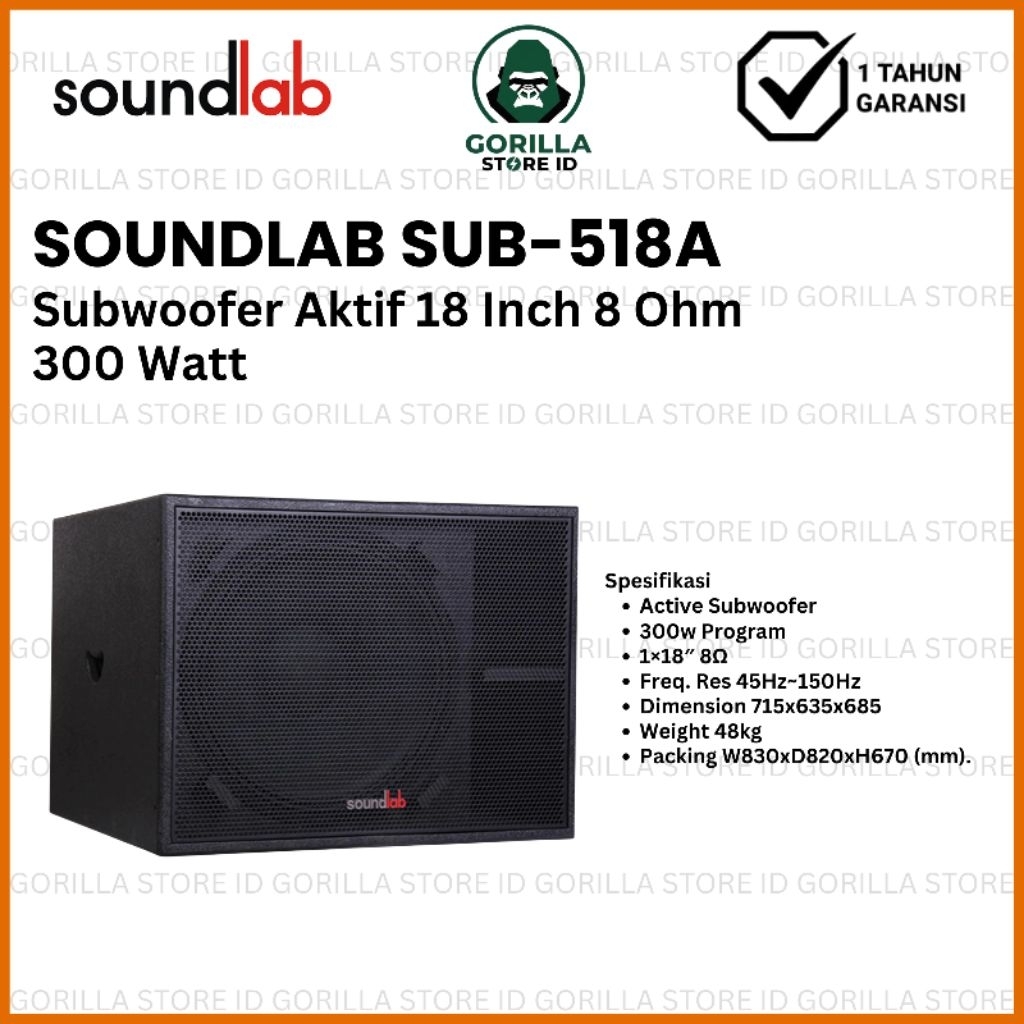 Soundlab SUB-518A Subwoofer Aktif 18 Inch 8 Ohm 300 Watt