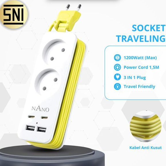 Broco - Stop Kontak Traveling 2 Lubang Saklar + 4 Port Usb/2 Lubang Saklar+2 Port Usb+2Type C Kuning