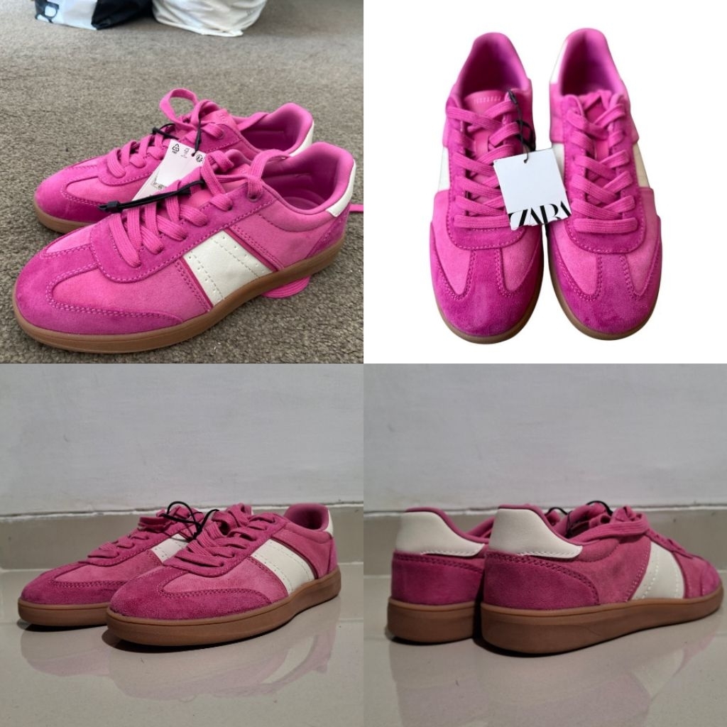 ZARA SEPATU SNEAKERS LACE UP SUEDE PINK BARU ASLI ORIGINAL