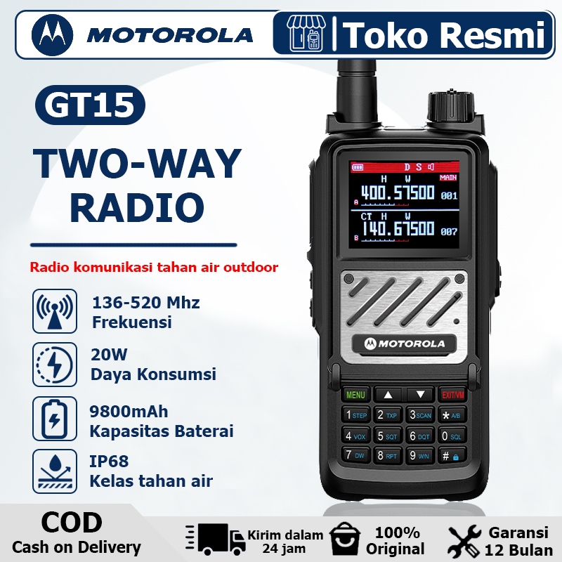 HT Motorola GT15 IP68 Waterproof Walkie Talkie Jarak Jauh 20KM UHF VHF Dual Band Two Way Radio 9800m