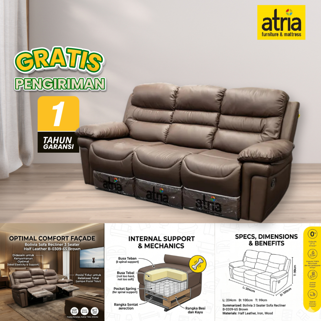 Atria Bolivia Sofa Recliner 3 Seater Half Leather  B-0309-65 Brown