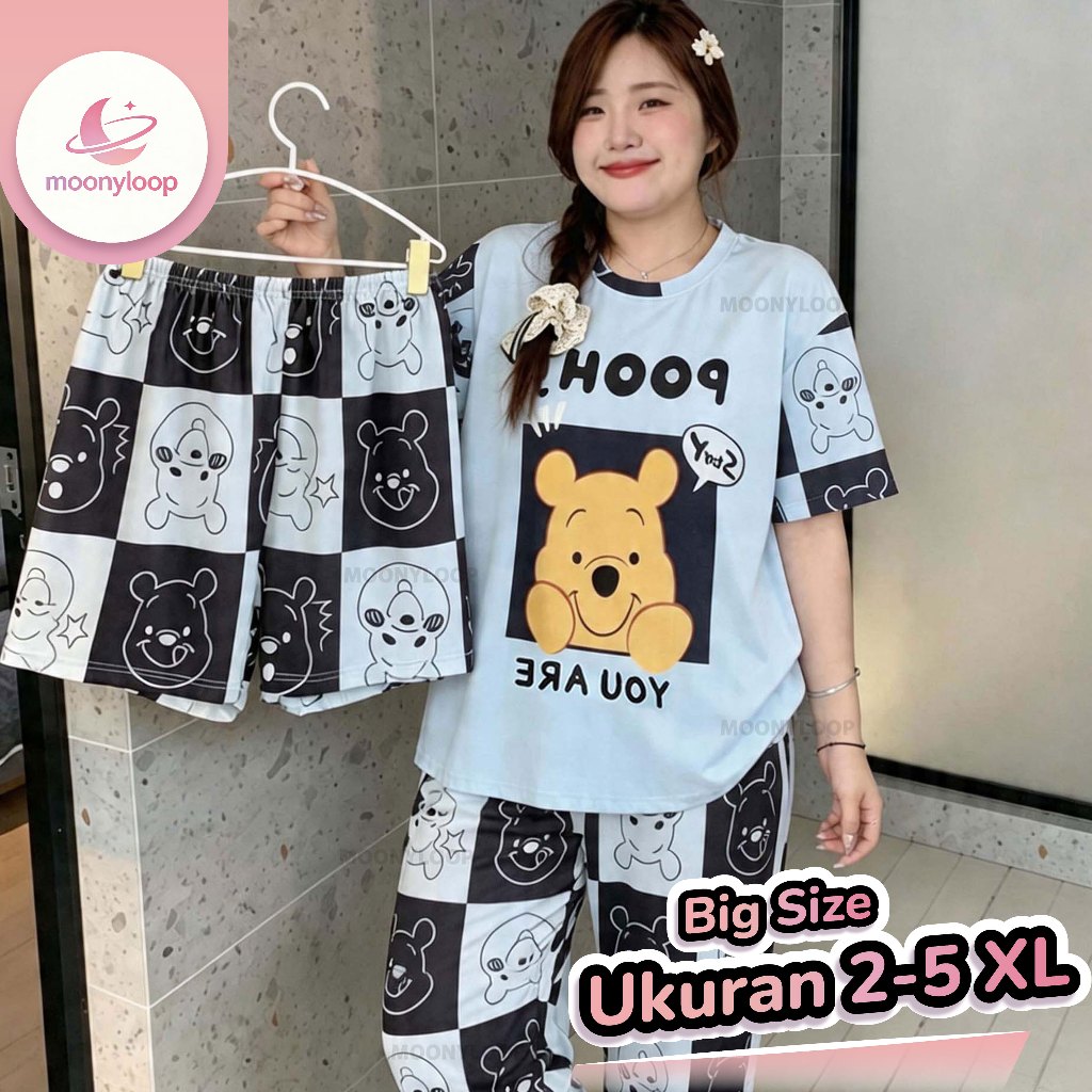 5XL Set Baju Tidur Wanita Dewasa Oversize Piyama Kaos Celana Panjang & Pendek Setelan Baju Tidur 3in