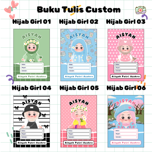 Dari Banjarmasin Paket Buku Tulis Custom Ukuran A5 - Buku, Karakter & Nama Bebas Custom Motif Hijab 