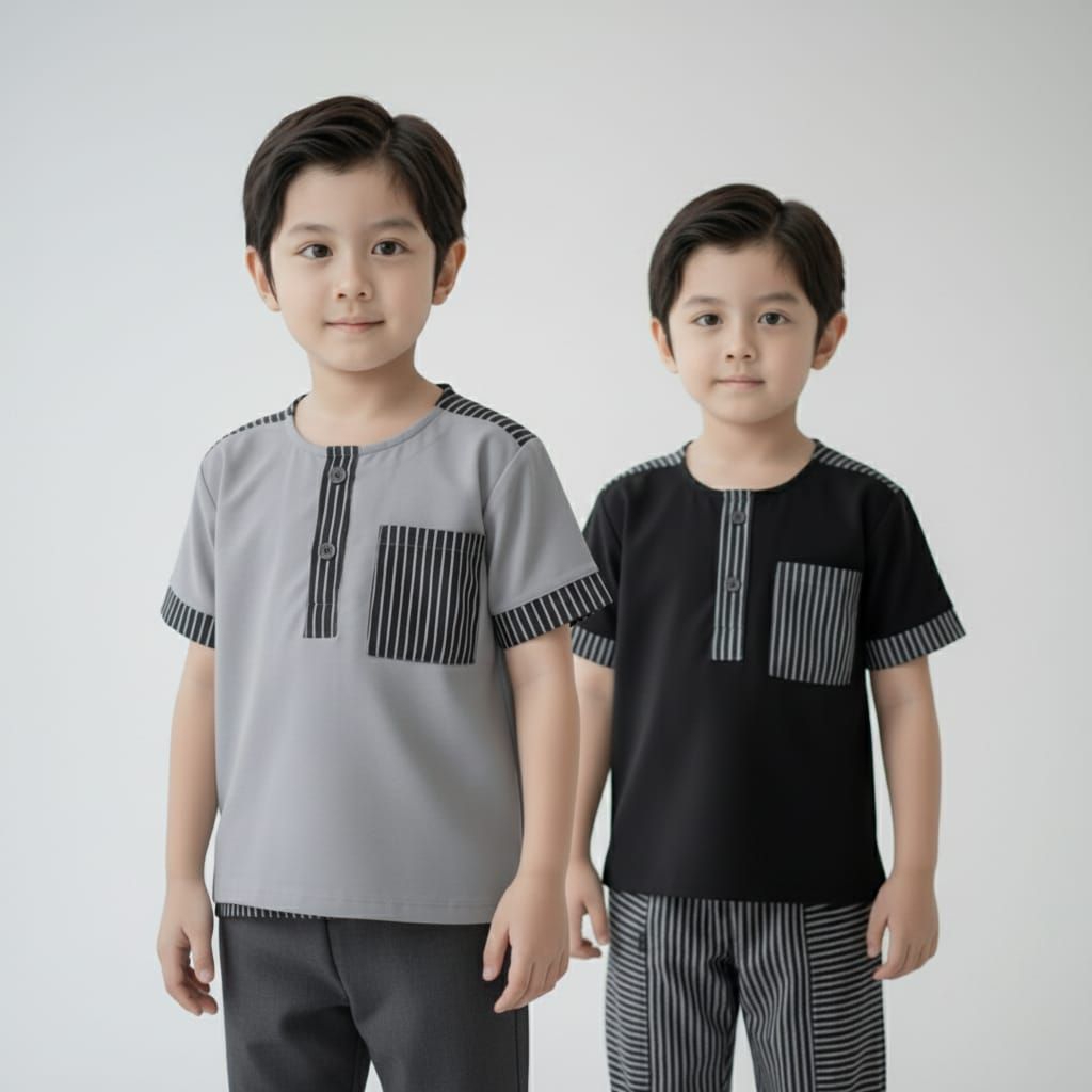 Set Baju Koko Anak Laki-Laki Modern Salur 2-10 Tahun  Setelan Muslim Anak Adem Nyaman Premium