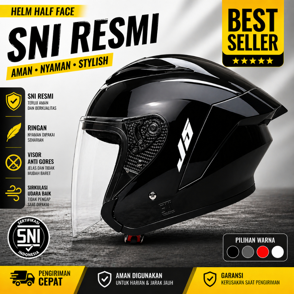 Helm Half Face J5/J9 Solid Hitam Glossy (SNI) XYZ Helm Dewasa Pria Dan Wanita Bisa Cod