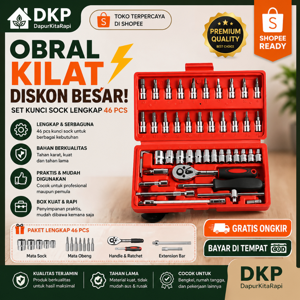Set Kunci Sok 46 PCS 1/4 Inch - Alat Perbaikan Lengkap untuk Mobil & Motor