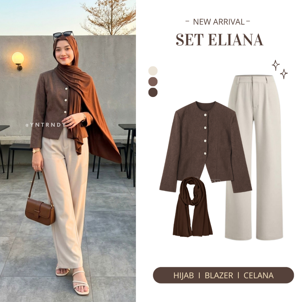 Eliana One Set Hijab Style Atasan Blazer Aile Coklat Celana Kulot Jennie Knit Hijab Pashmina Kaos Ml