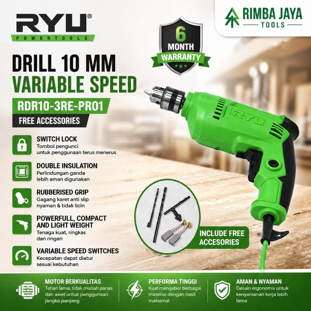 Ryu Mesin Bor 10 mm RDR 10-3 RE Bor Listrik Bor Tangan Elektrik Drill Original Ryu JAPAN