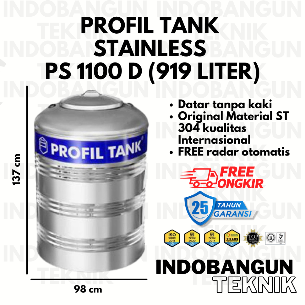 Profil Tank Stainless PS 1100 1000 919 Liter Datar Toren Tangki Tandon Air Tanpa Kaki Bergaransi