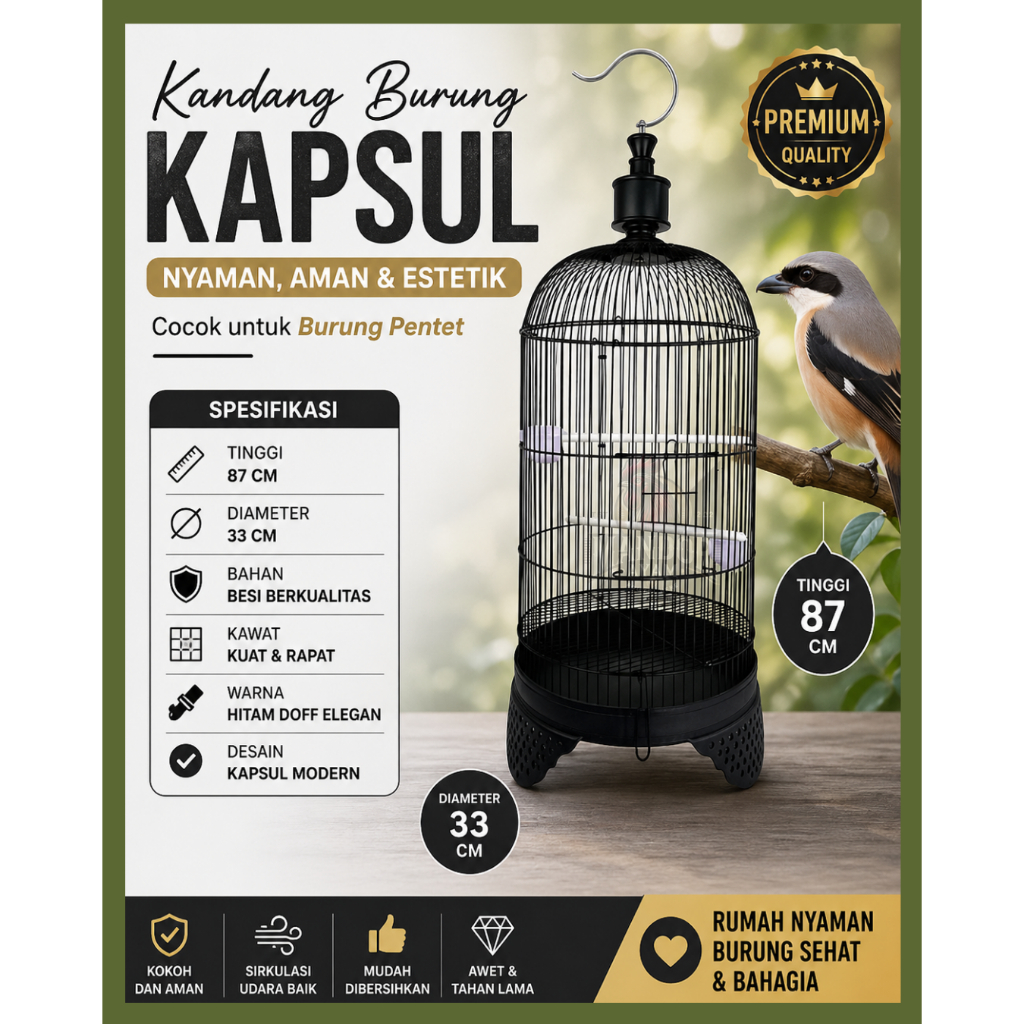Kandang Burung Kapsul 87 cm Diameter 33 cm | Sangkar Burung Premium Kokoh & Estetik (Kenari, Lovebir