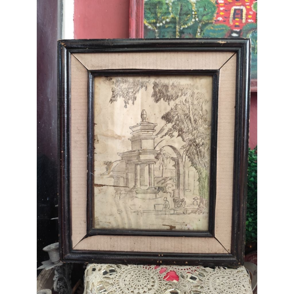 Lukisan kuno kertas tua kusam dengan tinta hitam jadul  Vintage motif Gapura desa Rare langka CACAT 