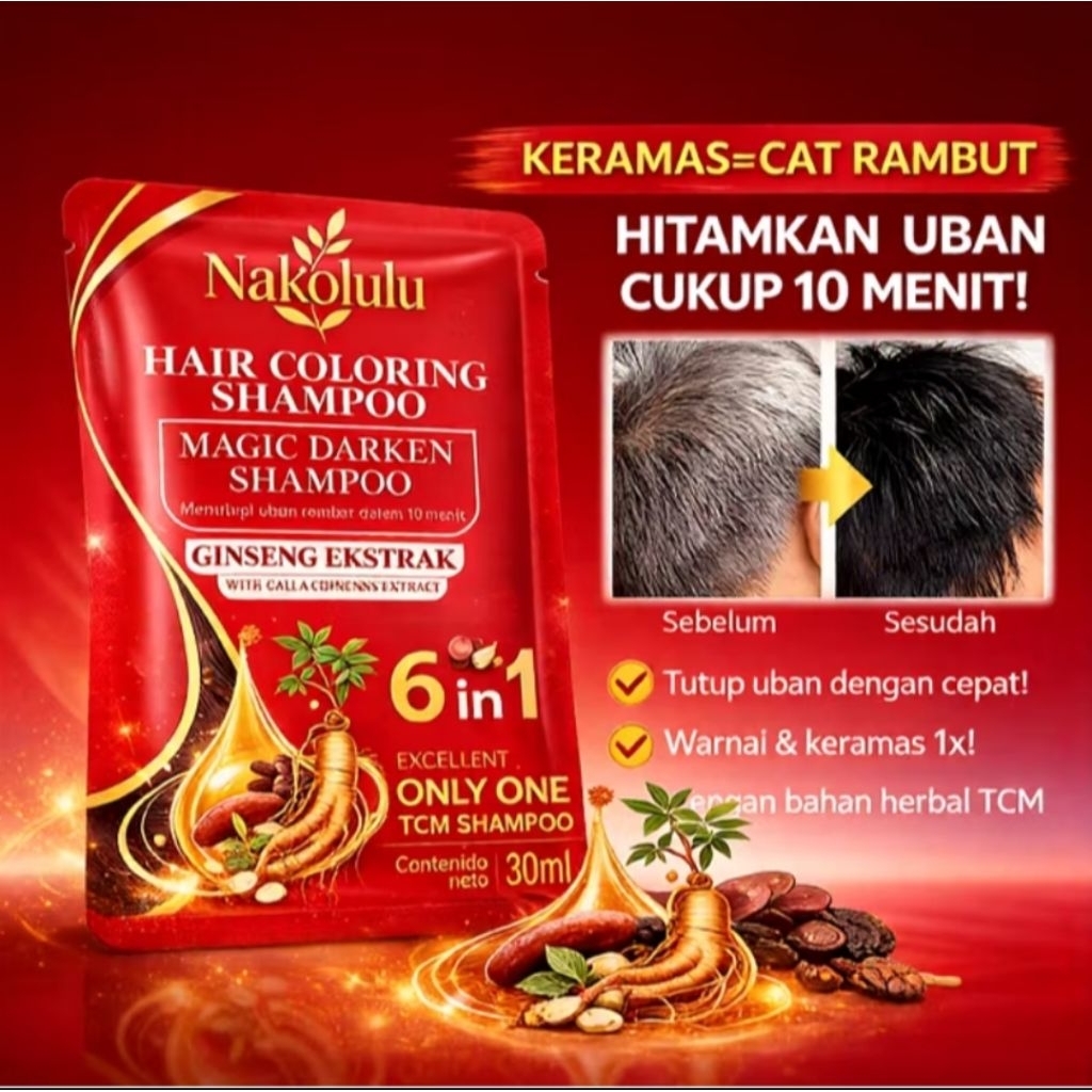 Nakolulu Hair Coloring Shampoo 3 Pcs 30ml – Sampo Pewarna Rambut Hitam Penutup Uban Cepat Ekstrak Gi