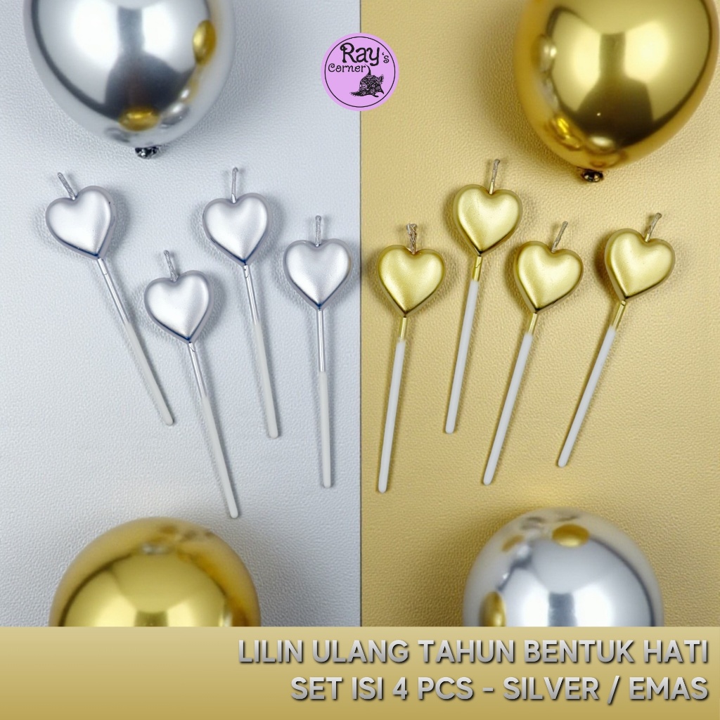 4 Pcs| Lilin Ulang Tahun 7563-12 Set Bentuk Hati Warna Gold Silver Valentine Birthday Anniversary Ca