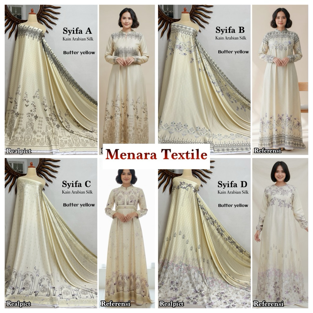 New Bahan Kain Arabian Silk Butter yellow motif etnik / kain silk meteran / bahan gamis seragam sari