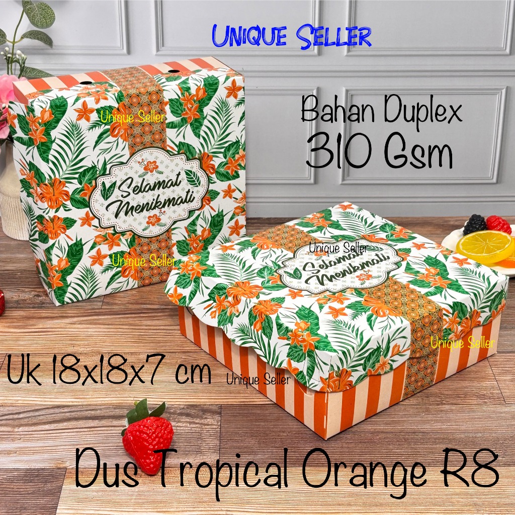 Isi10 Dus Nasi Kue Roti 18x18x7 cm R8 R8k Motif TROPICAL ORANGE DUPLEX Renda Dus Box Kotak Roti Kue 