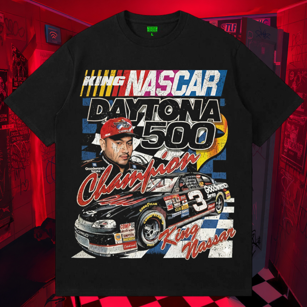 Kaos Vintage Parody Champion Nascar Dale Earnhardt King Nassar T-shirt - Unisex Boxy & Regular Fit D