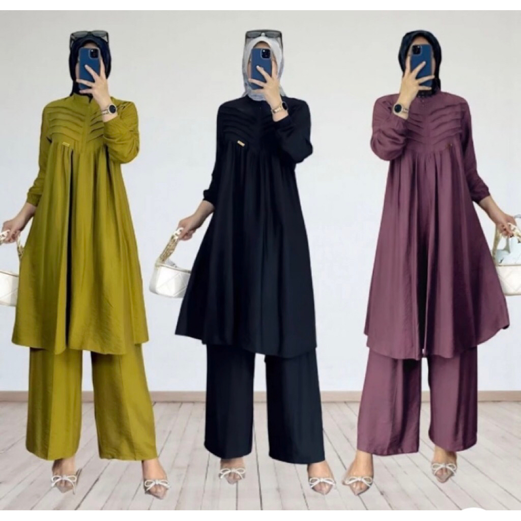 ONE SET WANITA KEKINIAN BAHAN LINEN PREMIUM BAJU SETELAN TUNIK WANITA